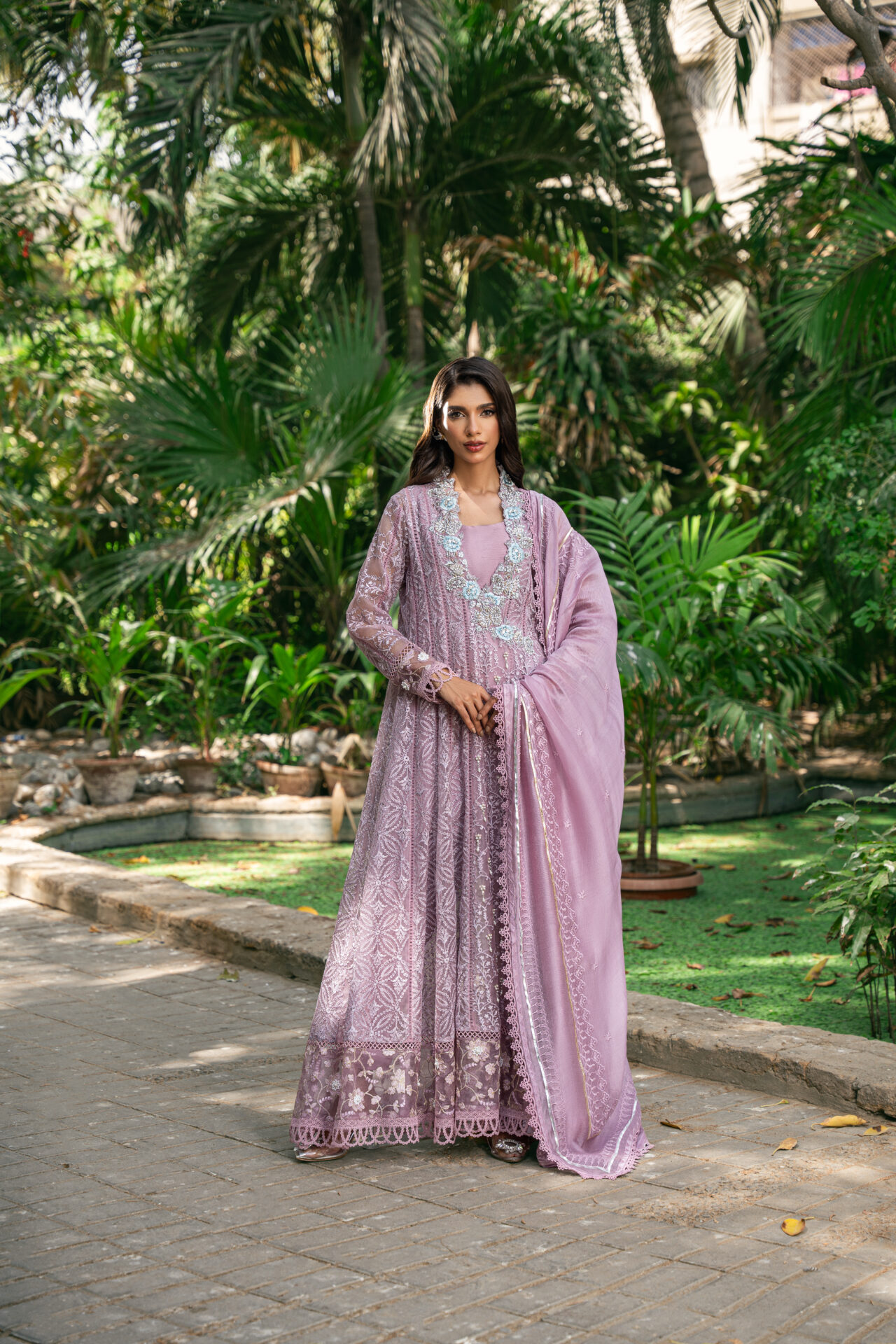 DUSTY MAUVE ART SILK SEMI STITCHED WEDDING ANARKALI SUIT